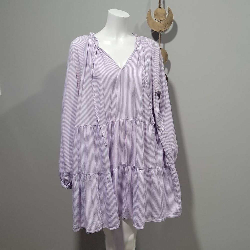 Eloquii Purple & White Striped Peasant Plus Size Tiered Mini Dress Size 22/24